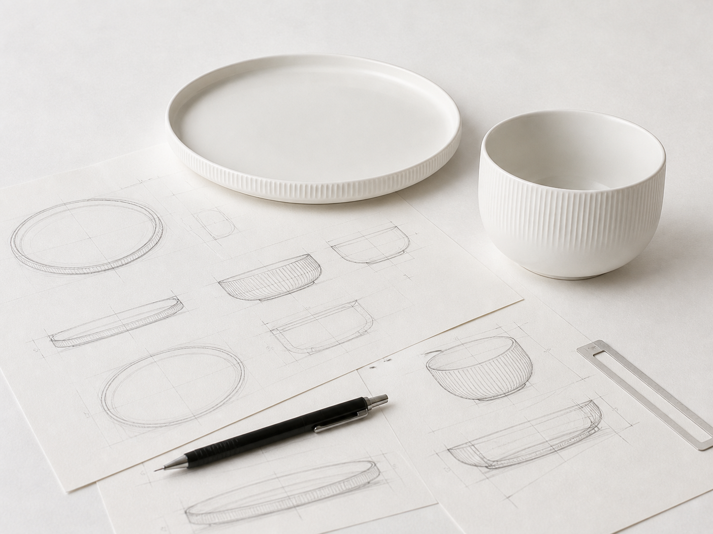 Warm-white ribbed plate and bowl resting among hand-drawn ceramic development sketches