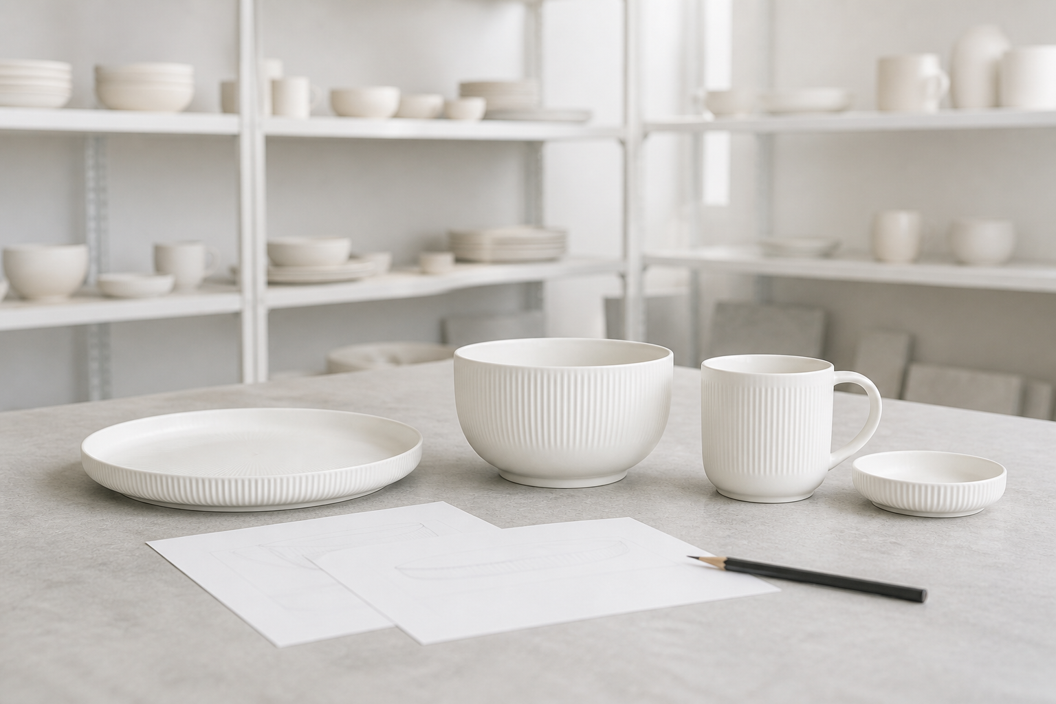 Warm-white ribbed ceramics on a development worktable with bright shelving of ceramic studies behind