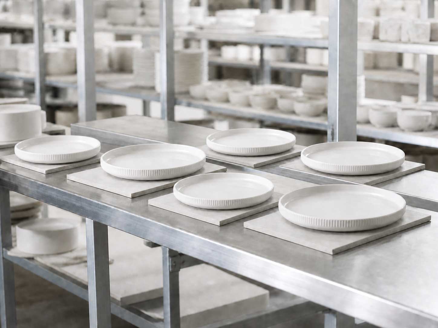 Warm-white ribbed plates arranged on individual inspection supports in a bright production workspace