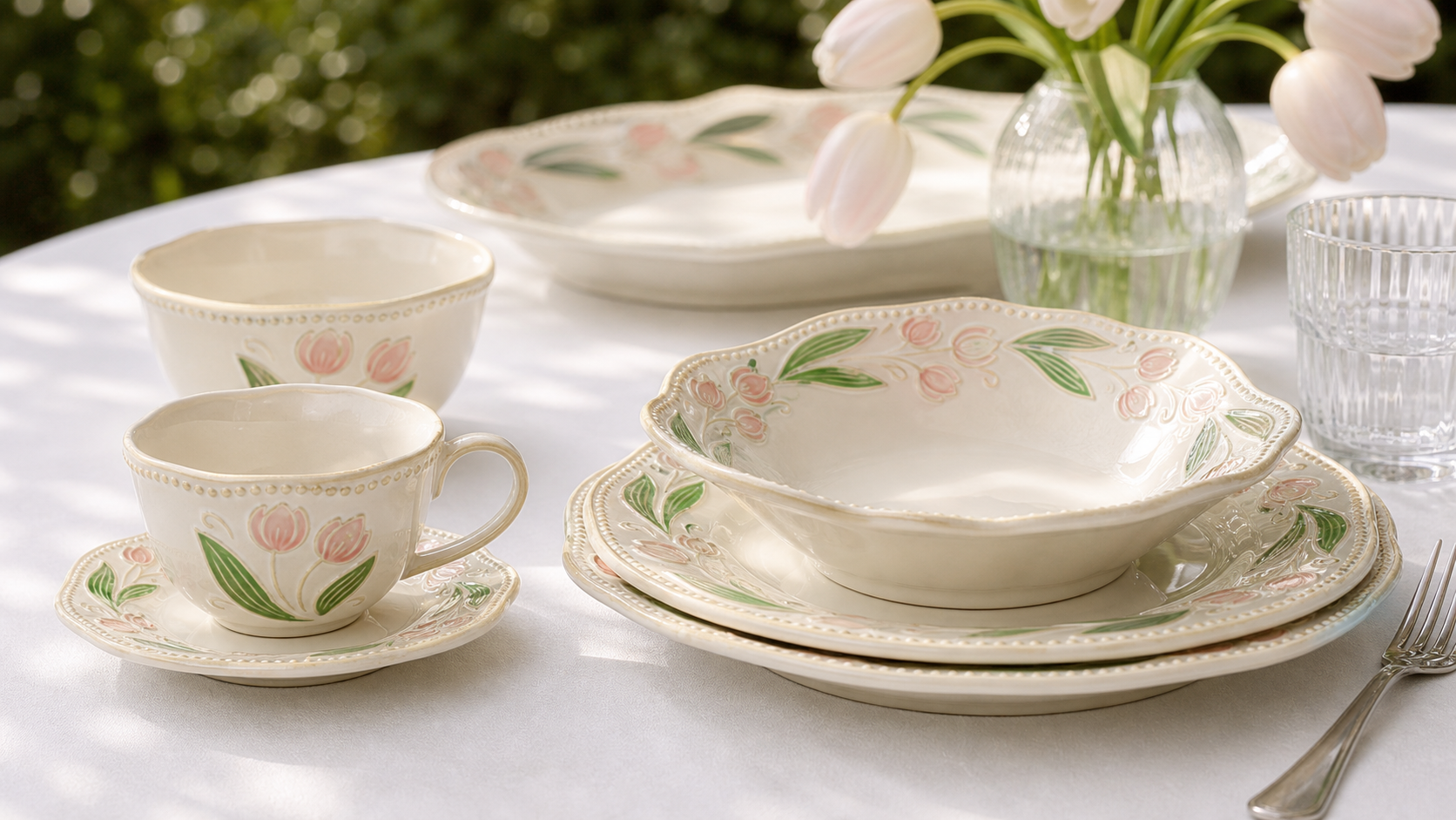 Close side view of Orchard Bloom tulip plates, bowls and cup with beaded rims