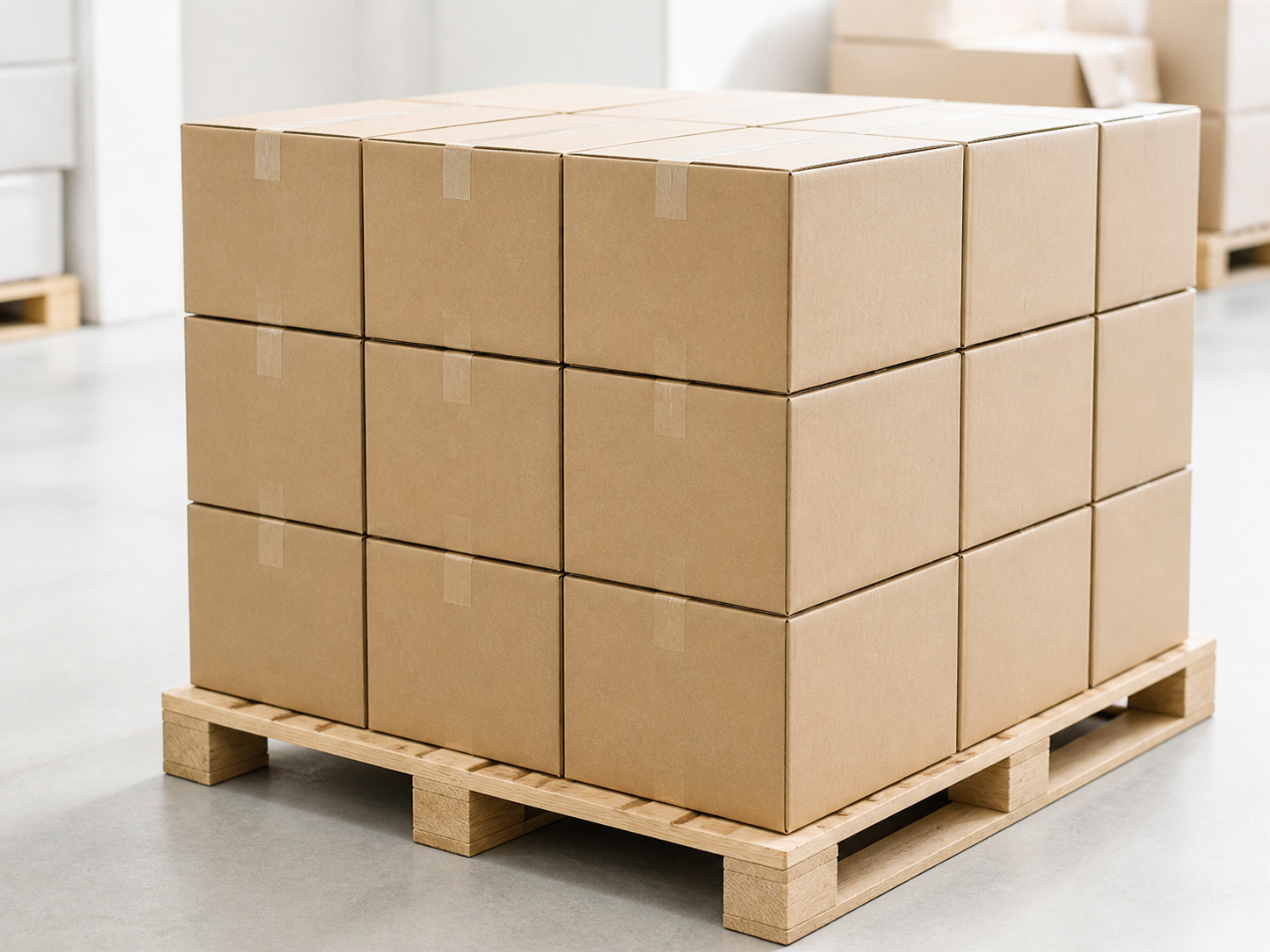 Plain sealed cartons arranged on a pallet in a bright neutral packing area