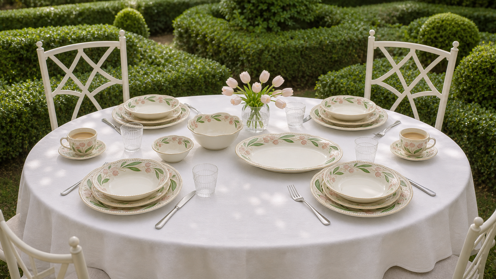 Orchard Bloom tulip dinnerware arranged on a white garden table among clipped hedges