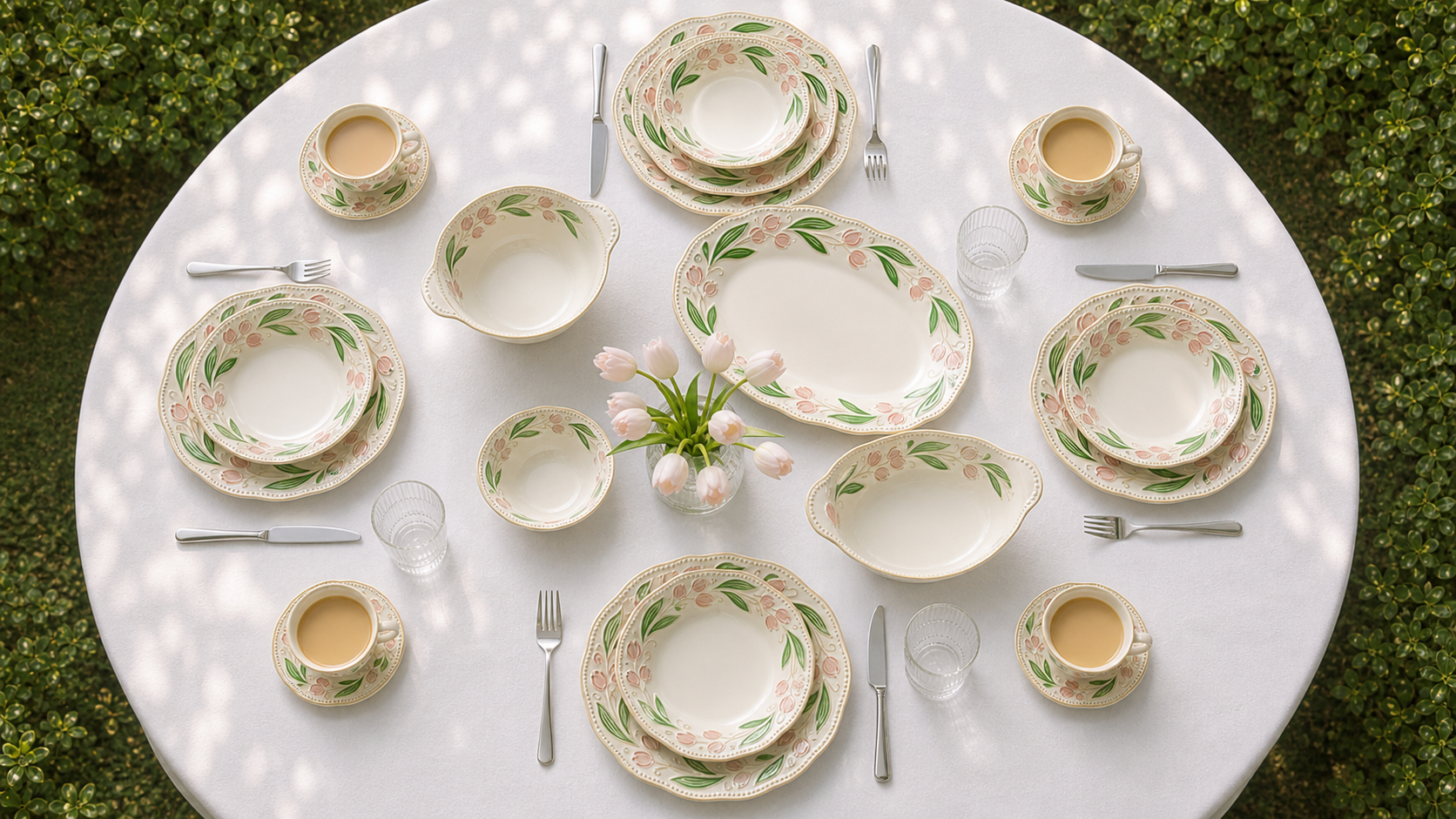 Overhead view of Orchard Bloom plates, bowls, cups and oval platter arranged for four