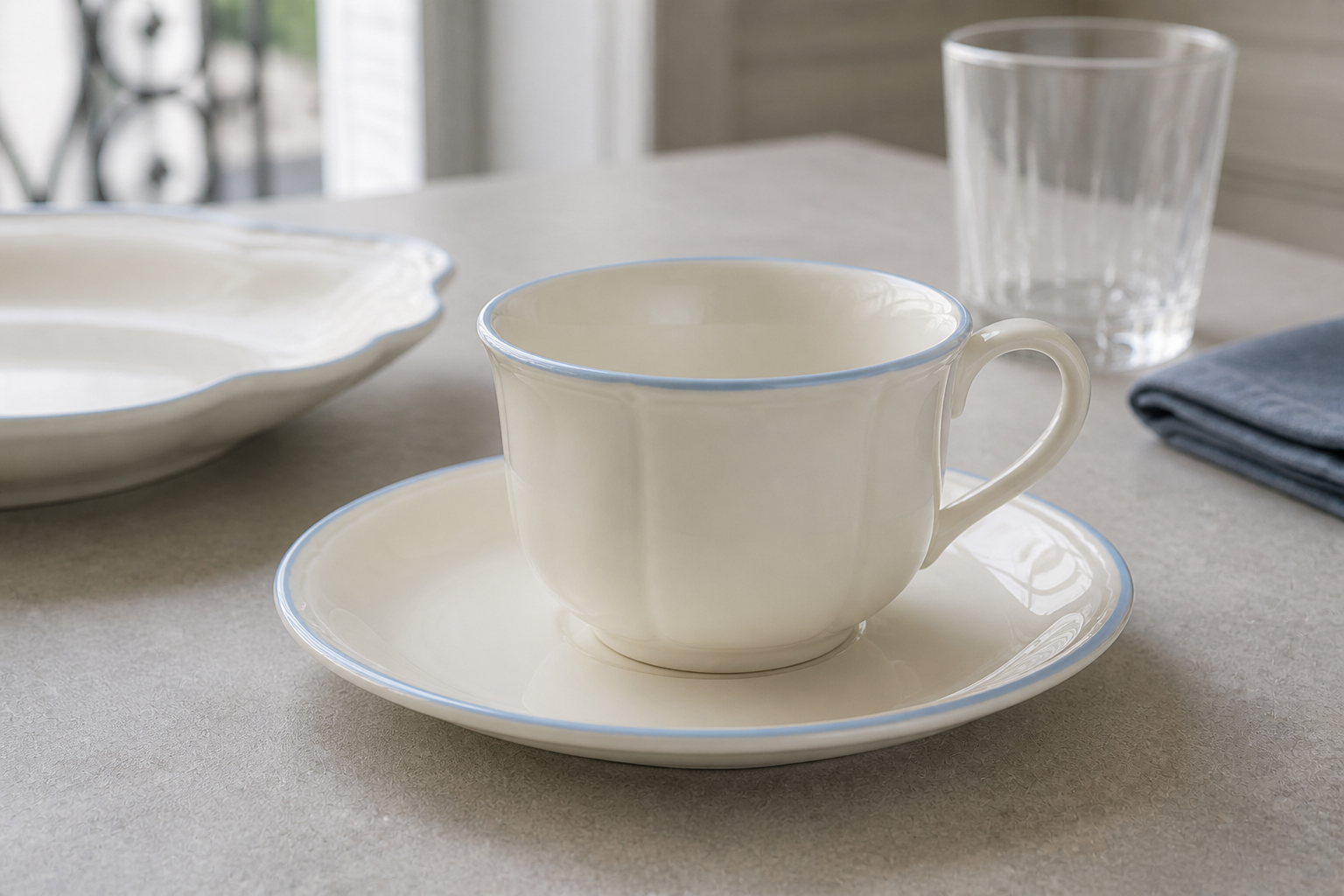 Close side view of a Meadow Sprig ivory cup and saucer with pale-blue borders