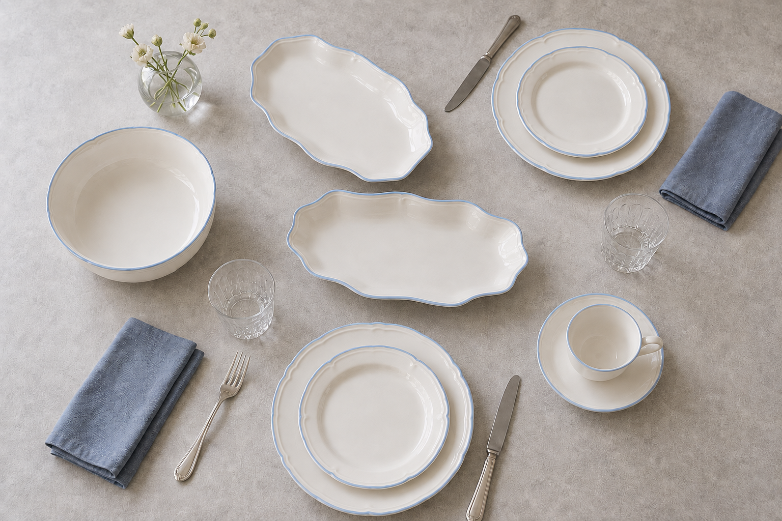 Overhead view of Meadow Sprig place settings, a bowl and two oval platter sizes