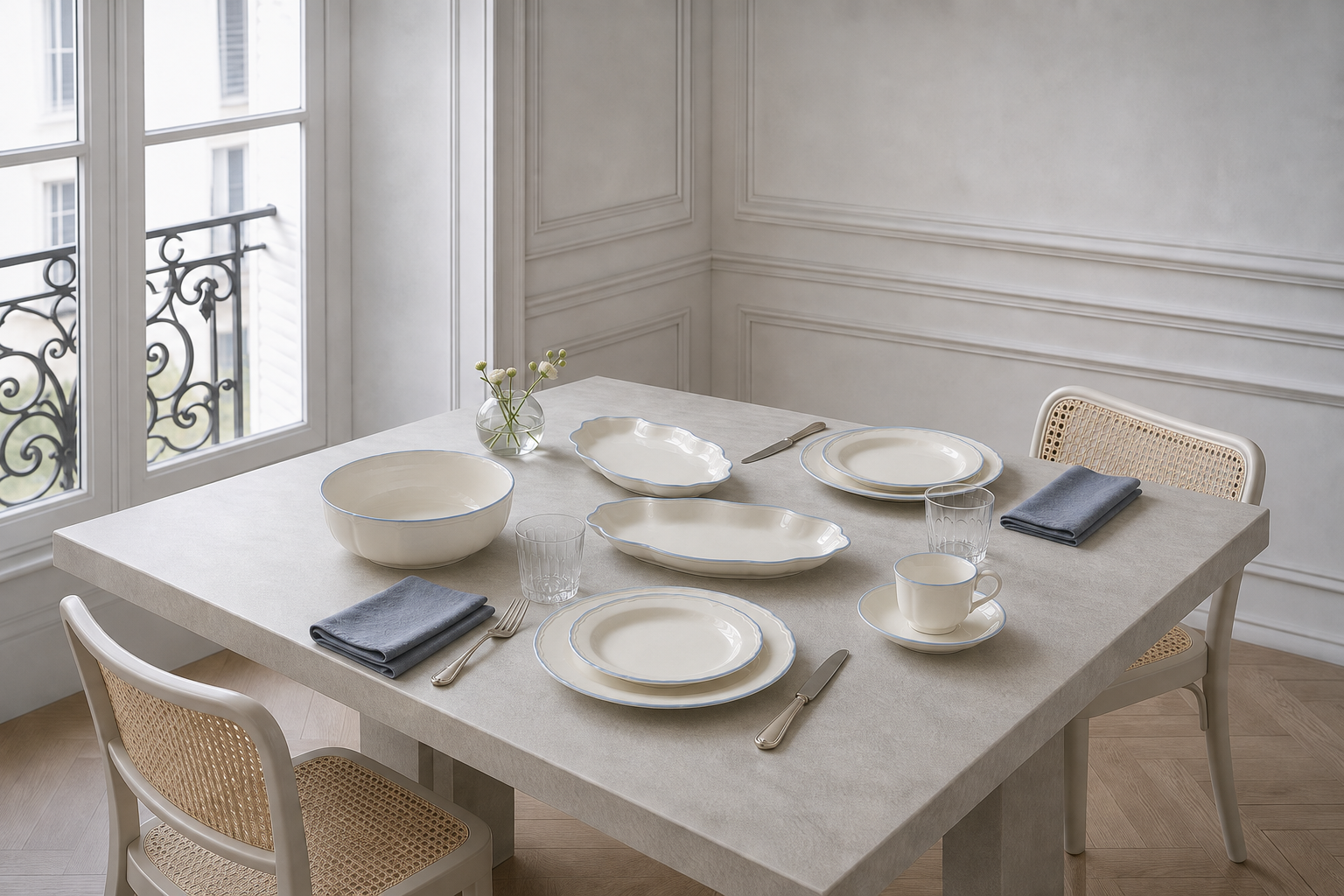 Meadow Sprig blue-rimmed dinnerware on a neutral French dining table beside a window