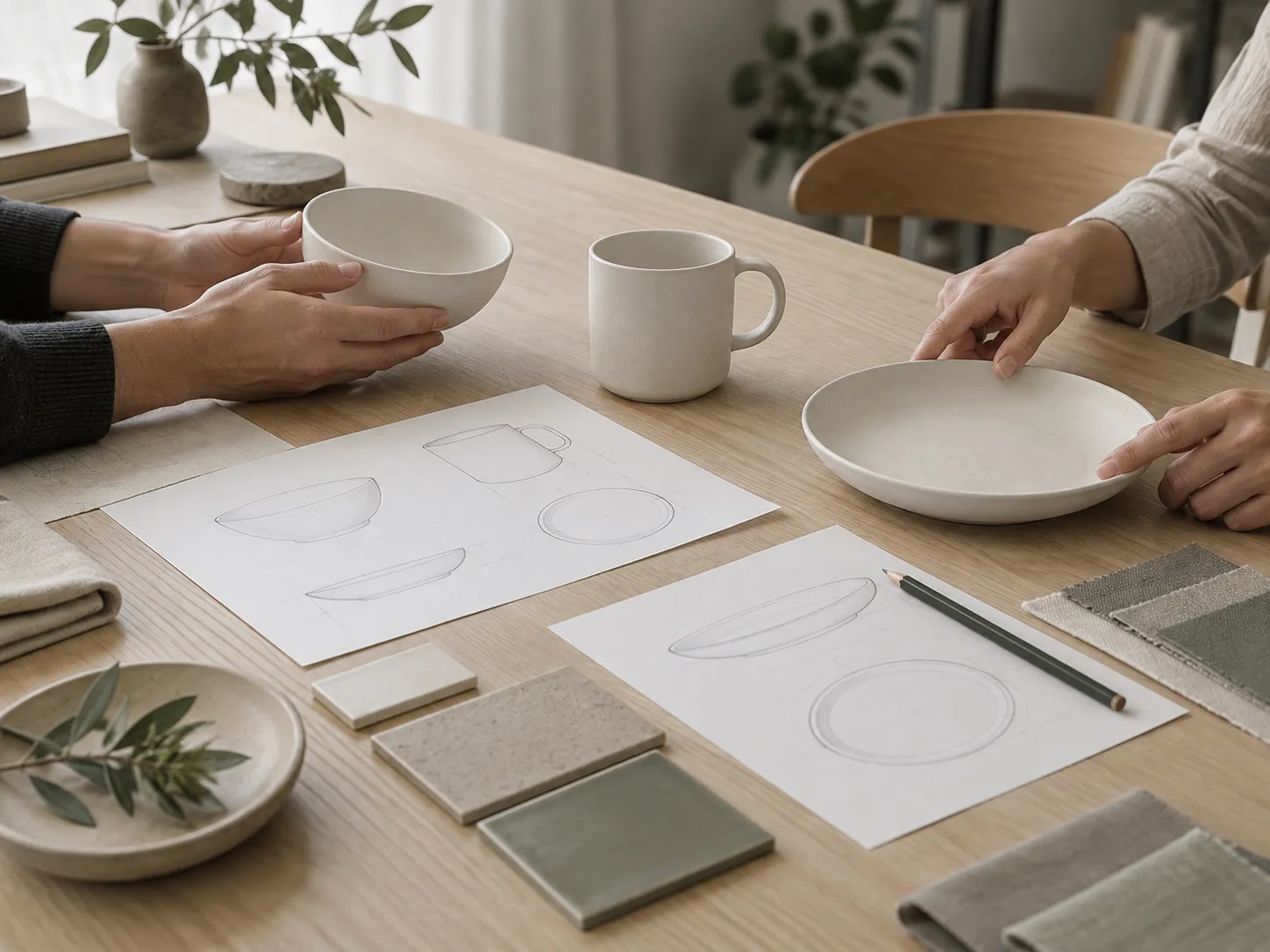 Ceramic forms and drawings discussed at a design table