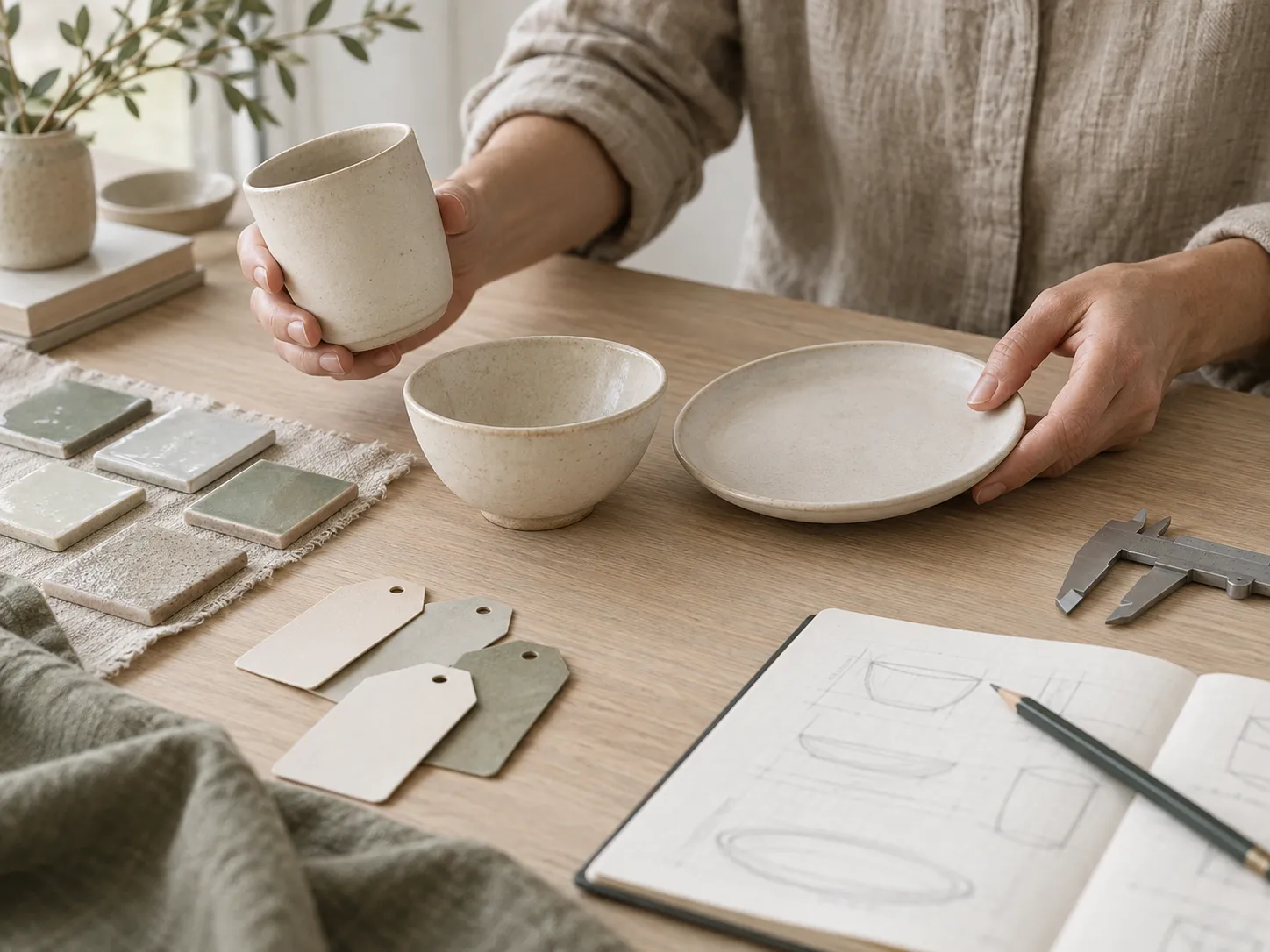 Ceramic forms and glaze samples reviewed beside design sketches