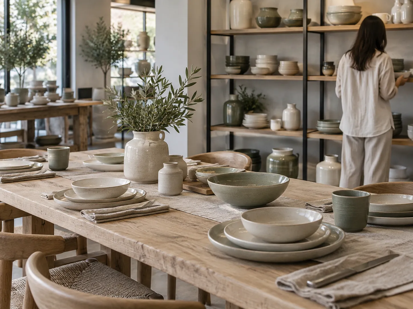 Illustrative showroom scene with neutral ceramic tableware arranged on a dining table