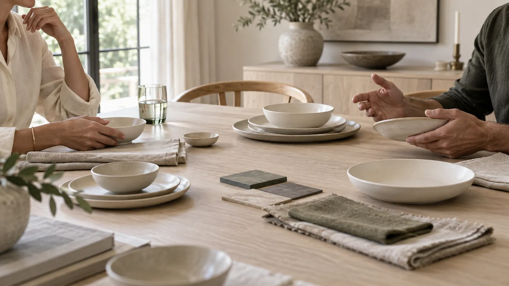 Illustrative collection discussion around neutral tableware and material samples