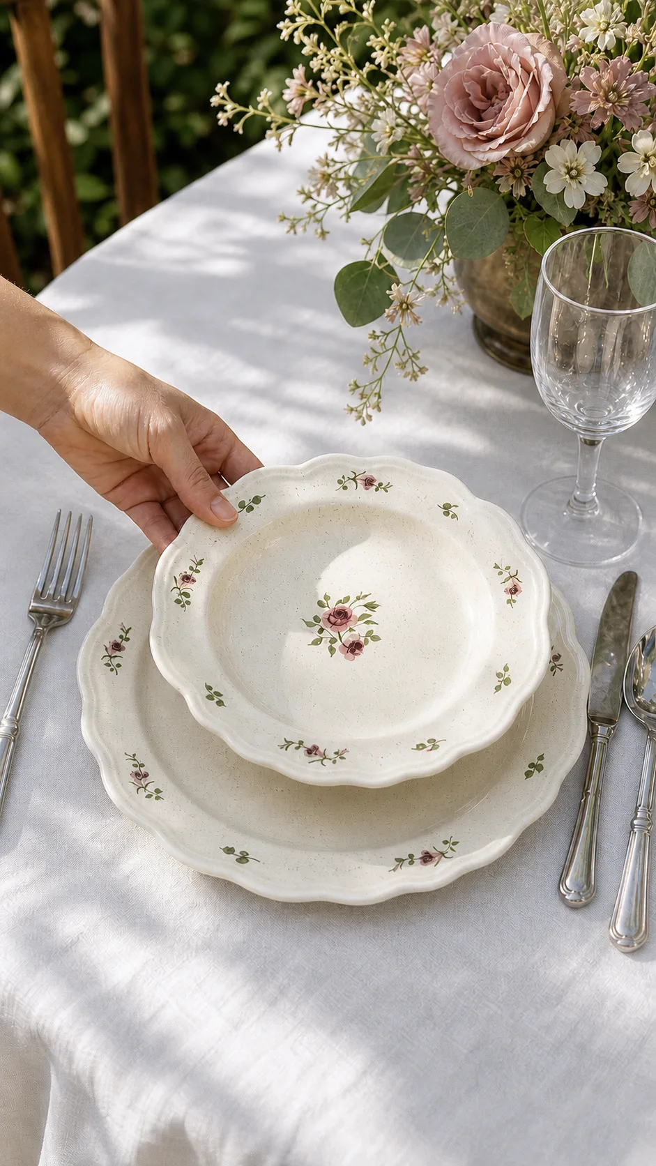 A Rose Veil bowl being placed on a garden table setting
