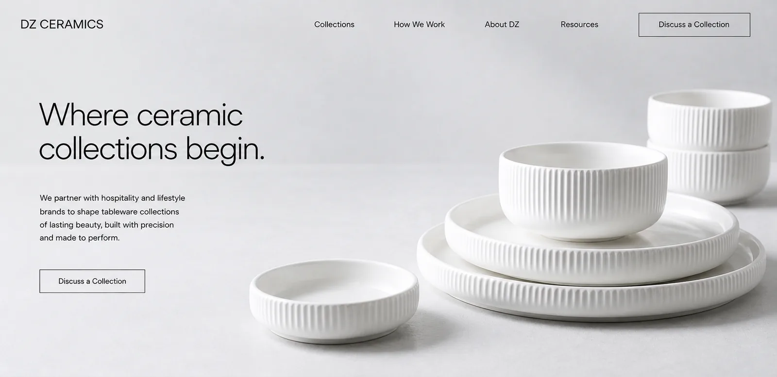 Coordinated white ribbed ceramic tableware