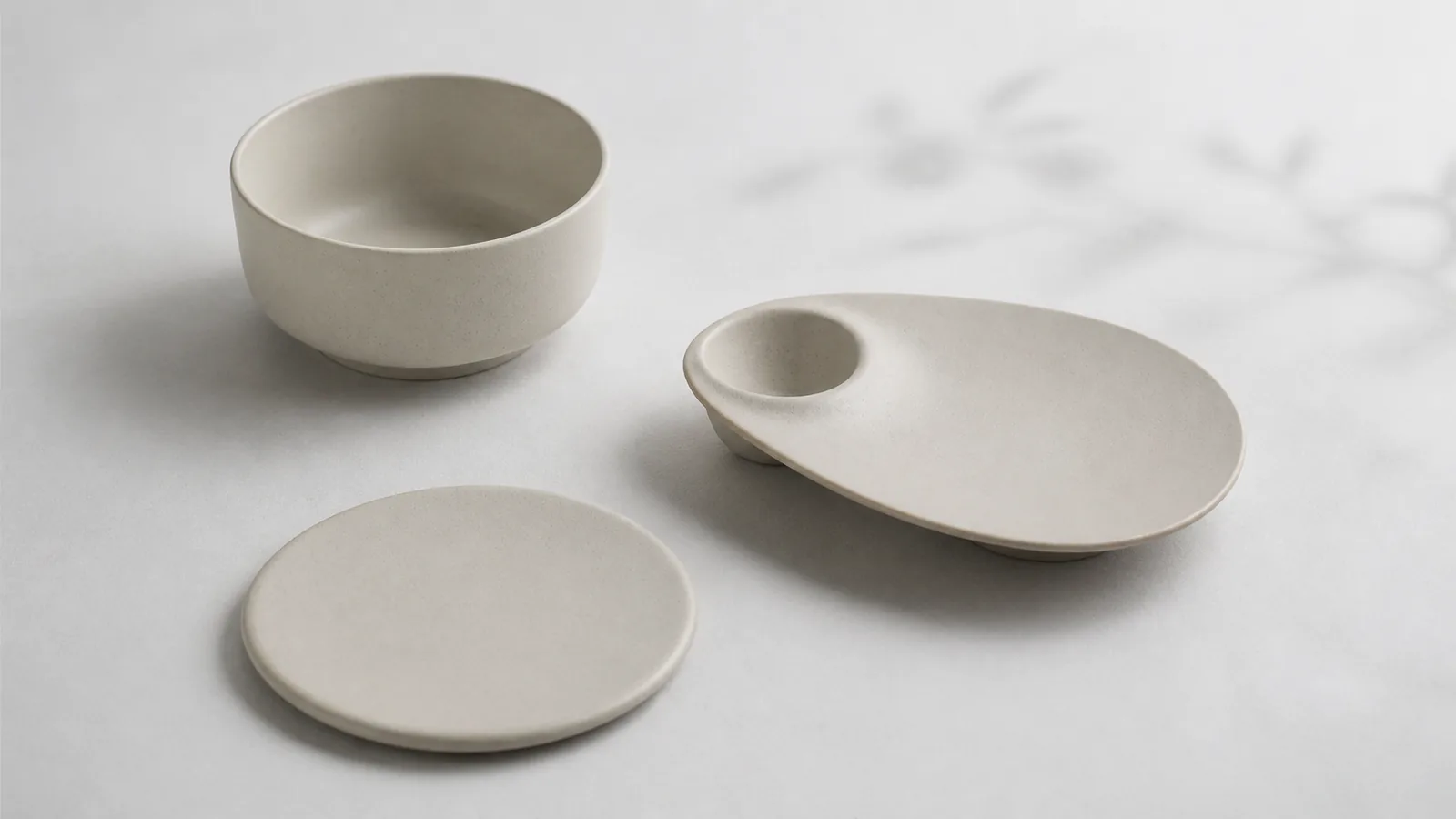 A coordinated Clear Arc bowl, flat plate and serving platter in soft natural light