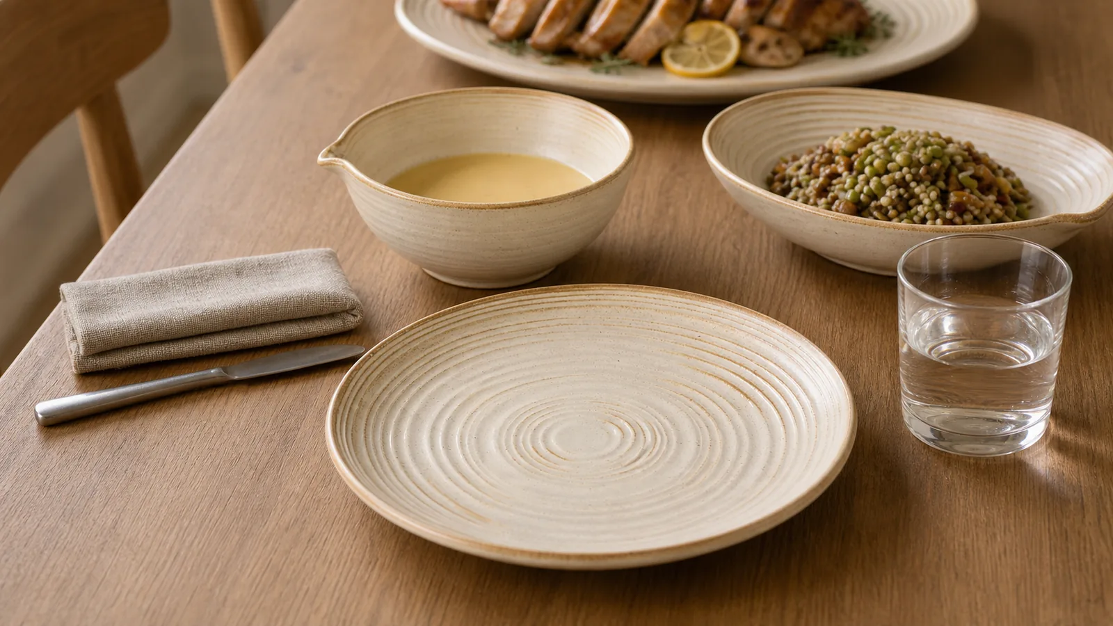 Close view of the ivory ring texture, serving bowls and coordinated plate