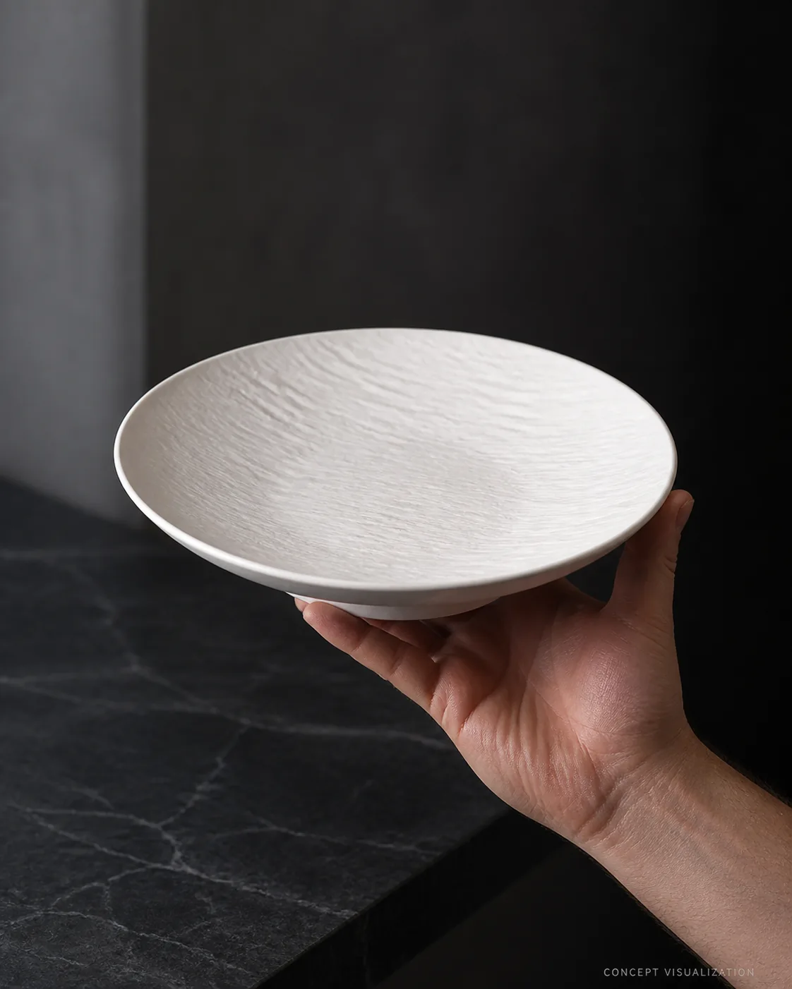 Approved concept visualization of a hand holding a complete Chalk Strata plate