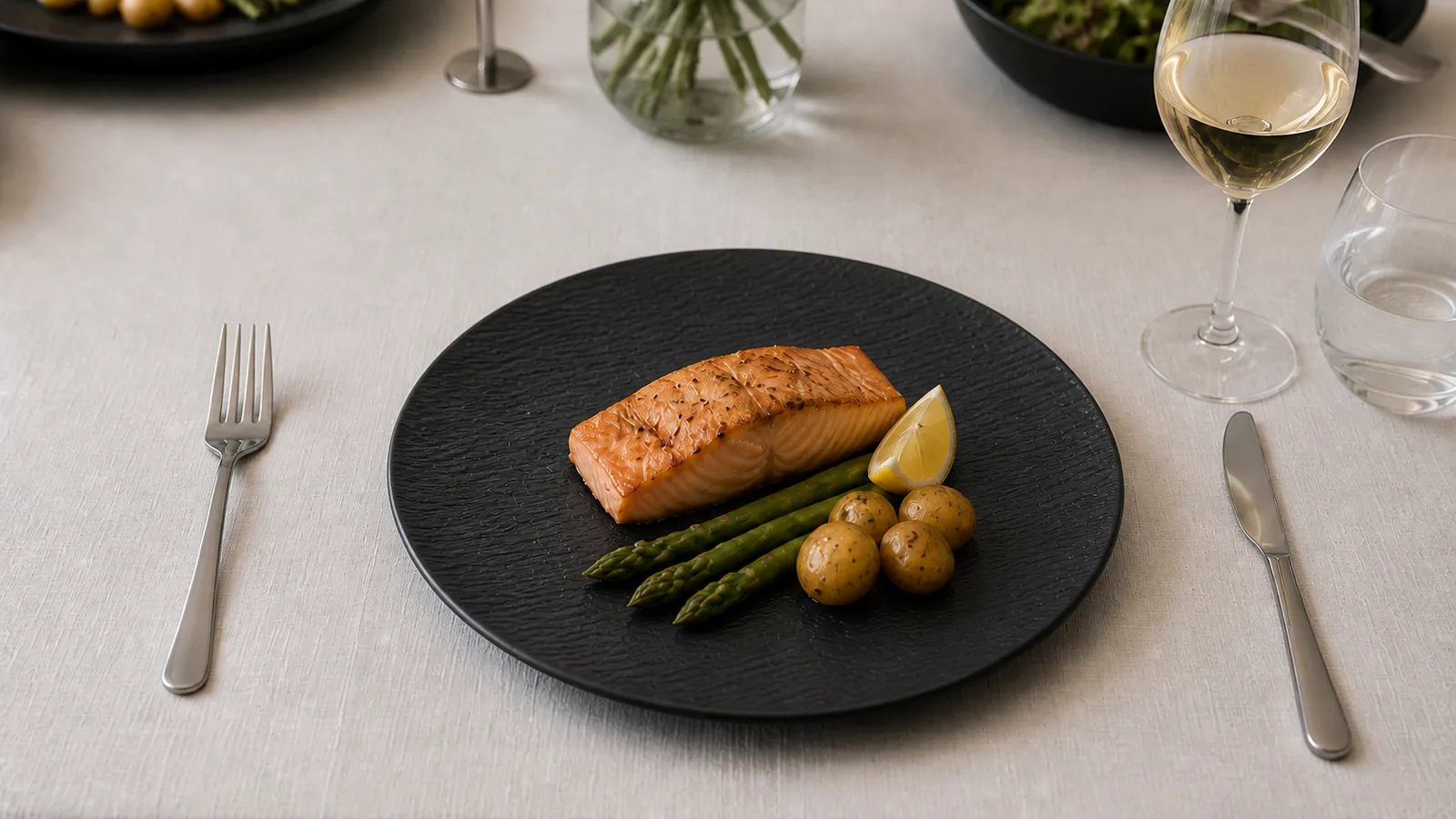 Shadow Grain black flat plate with salmon and vegetables on a restrained Nordic-inspired table