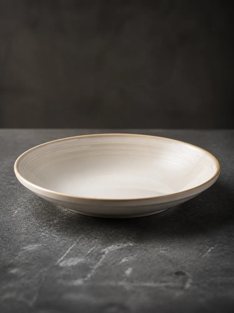 Close side view of a Halo Line wide-rim deep plate showing concentric line detail and a warm brown edge