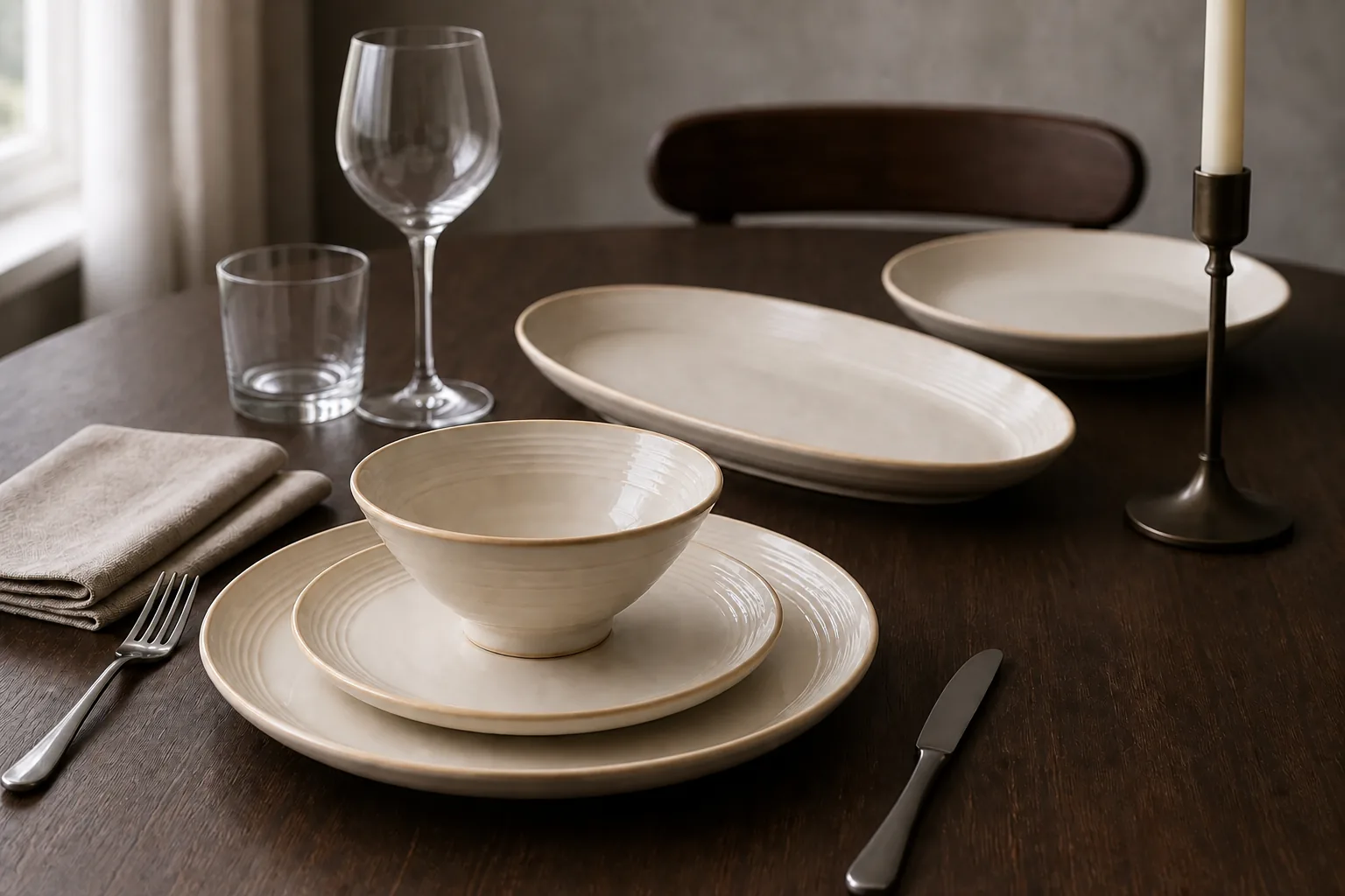 Halo Line warm ivory place setting and serving forms shown on a dark wood table