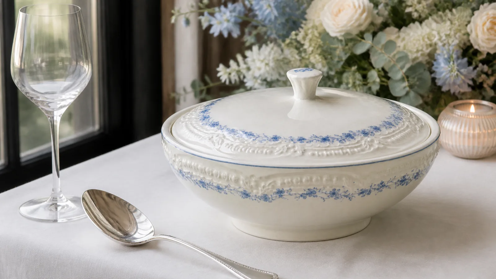 Close side view of the Garden Table lidded serving bowl showing blue floral decoration and sculpted relief