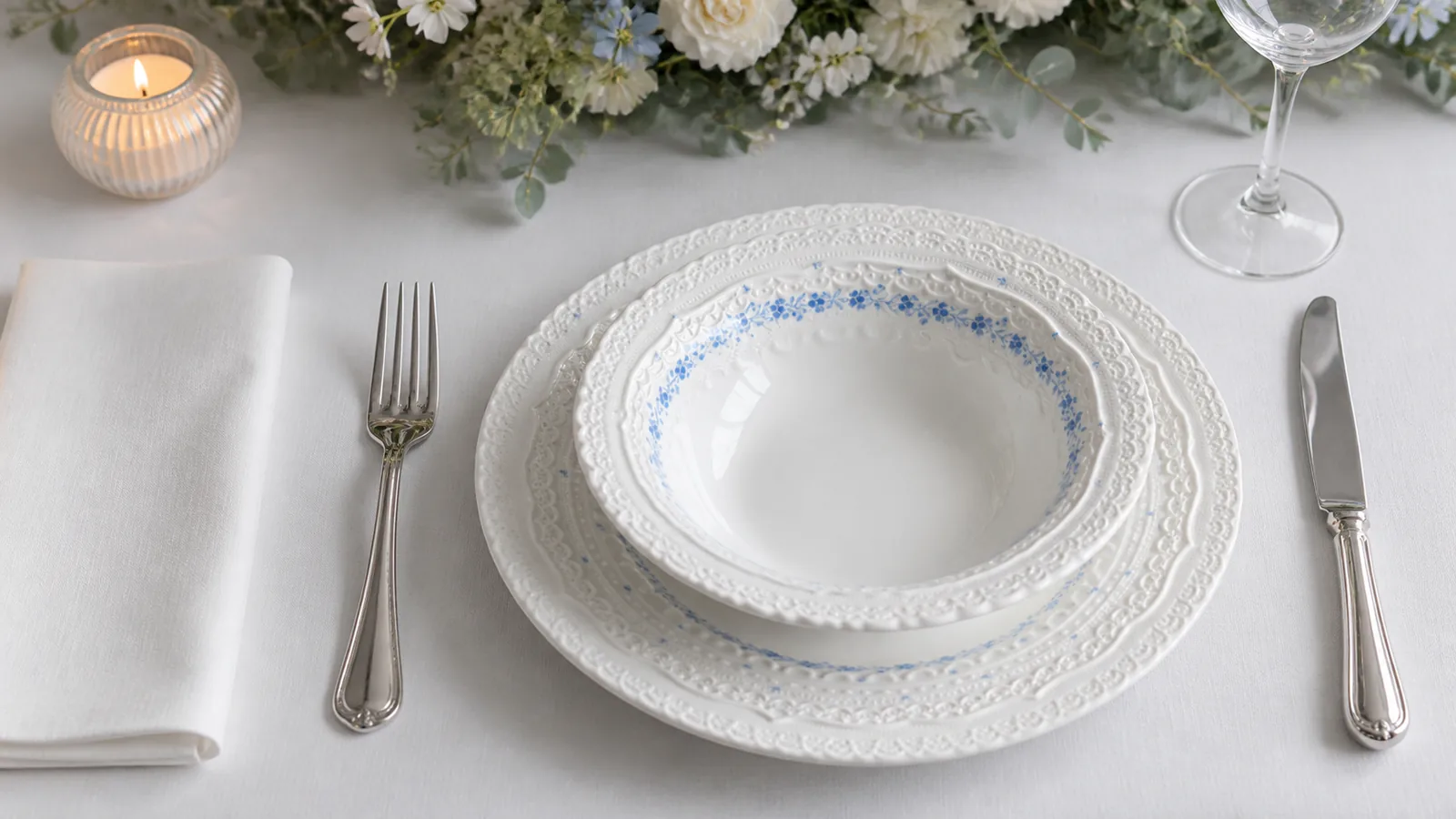 Garden Table layered blue floral plates and bowl arranged in a bright French-inspired place setting