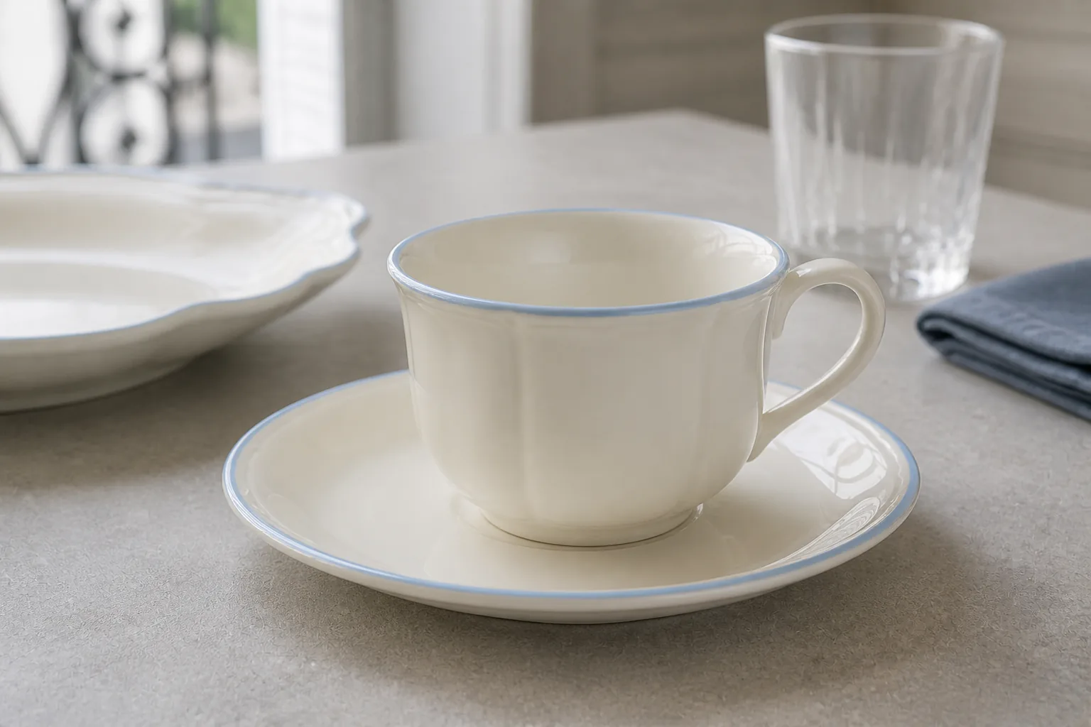 Close side view of a Meadow Sprig ivory cup and saucer with pale-blue borders