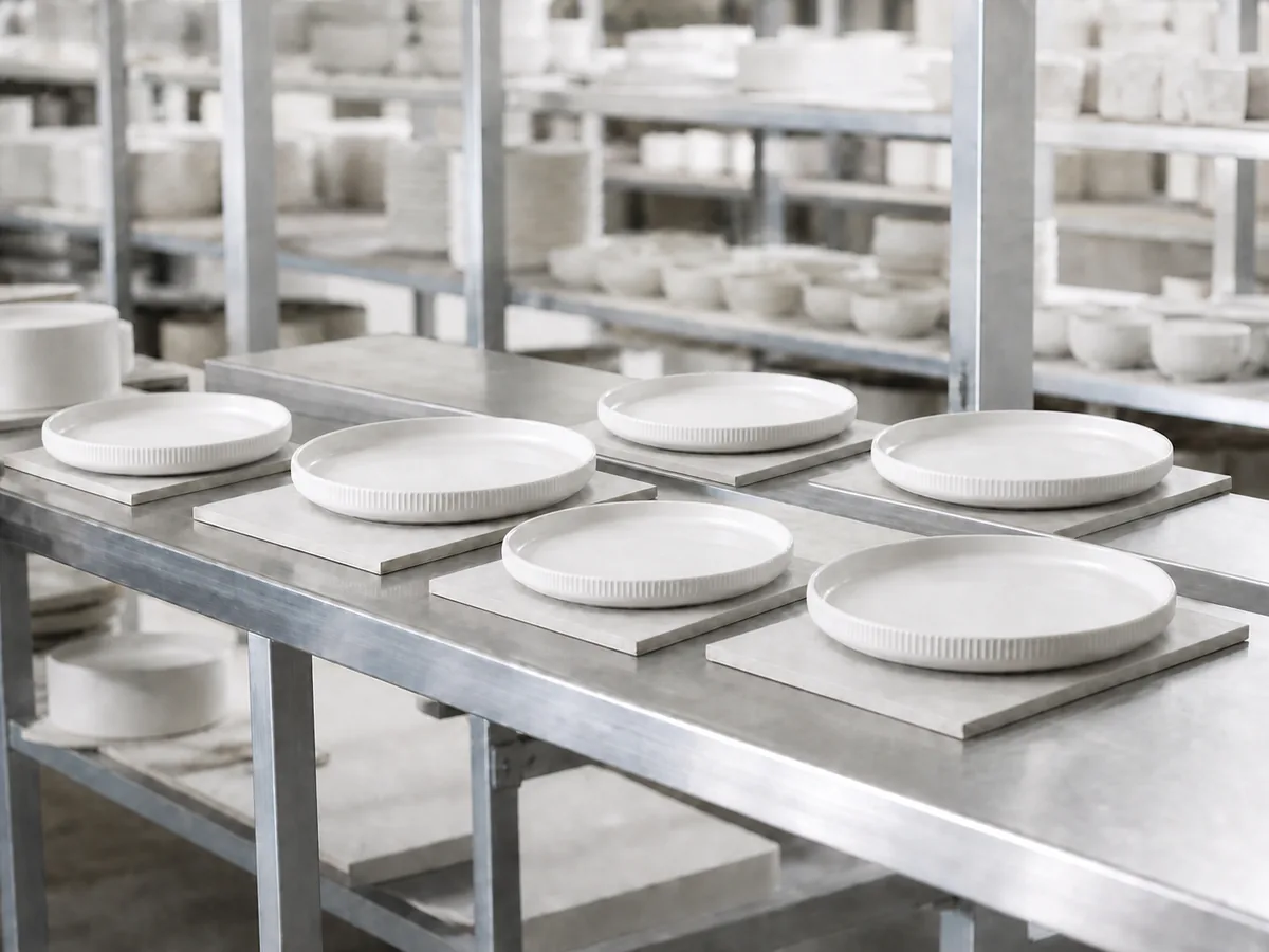 Ceramic pieces arranged for quality review