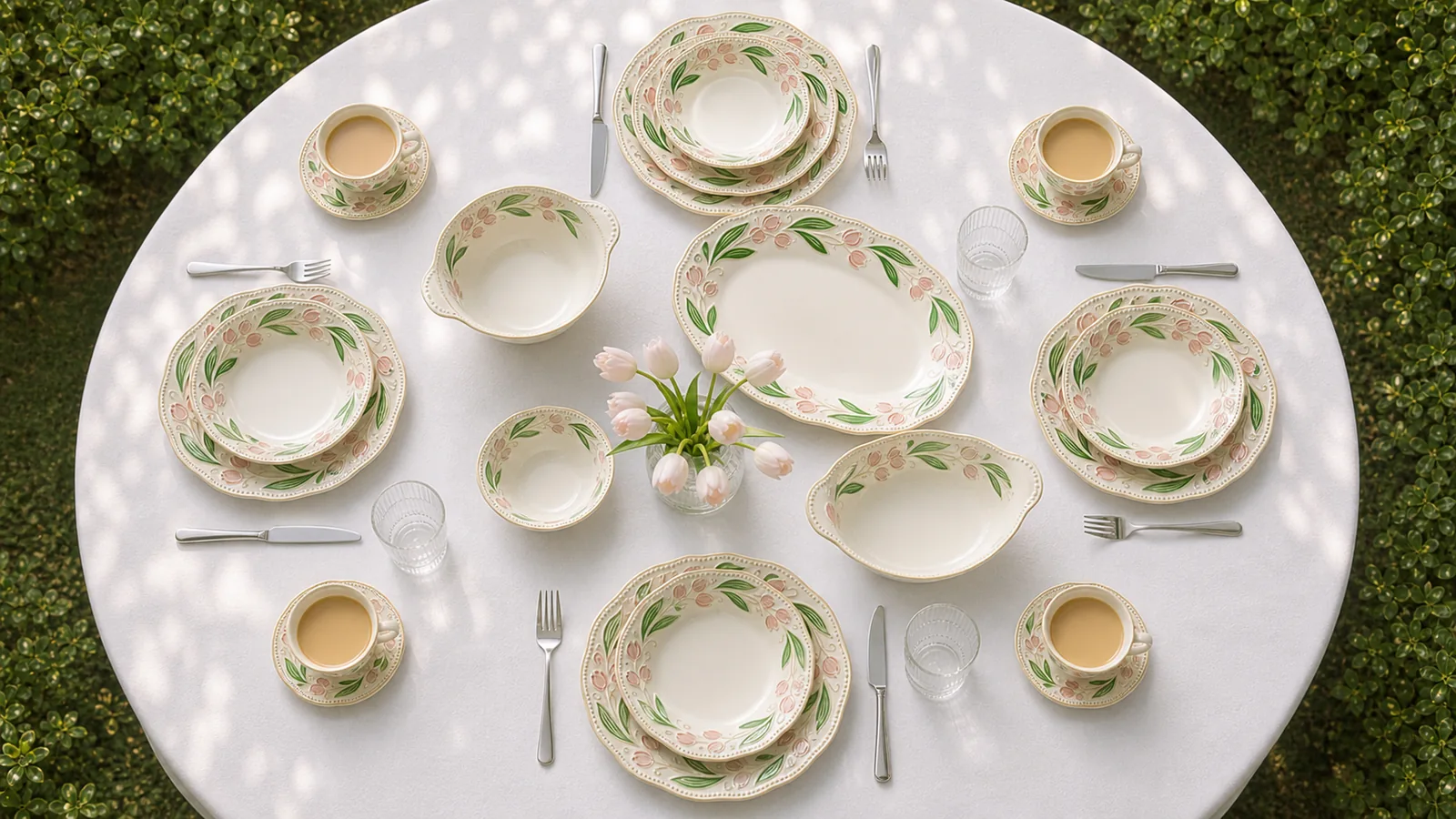 Overhead view of Orchard Bloom plates, bowls, cups and oval platter arranged for four