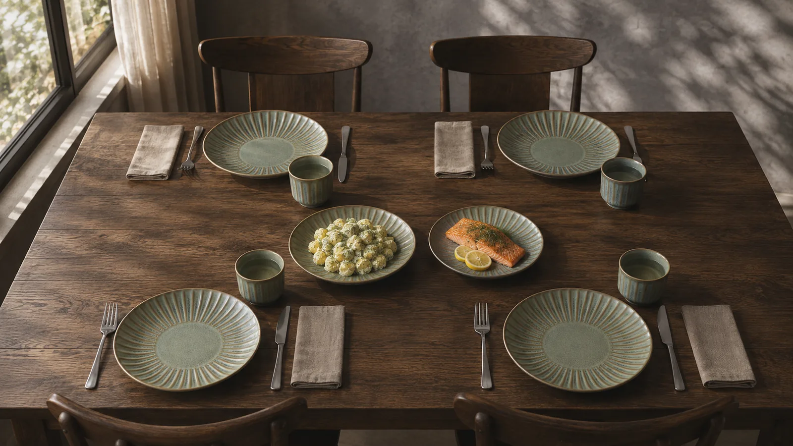 Moss Ripple tableware arranged for four around a warm timber dining table