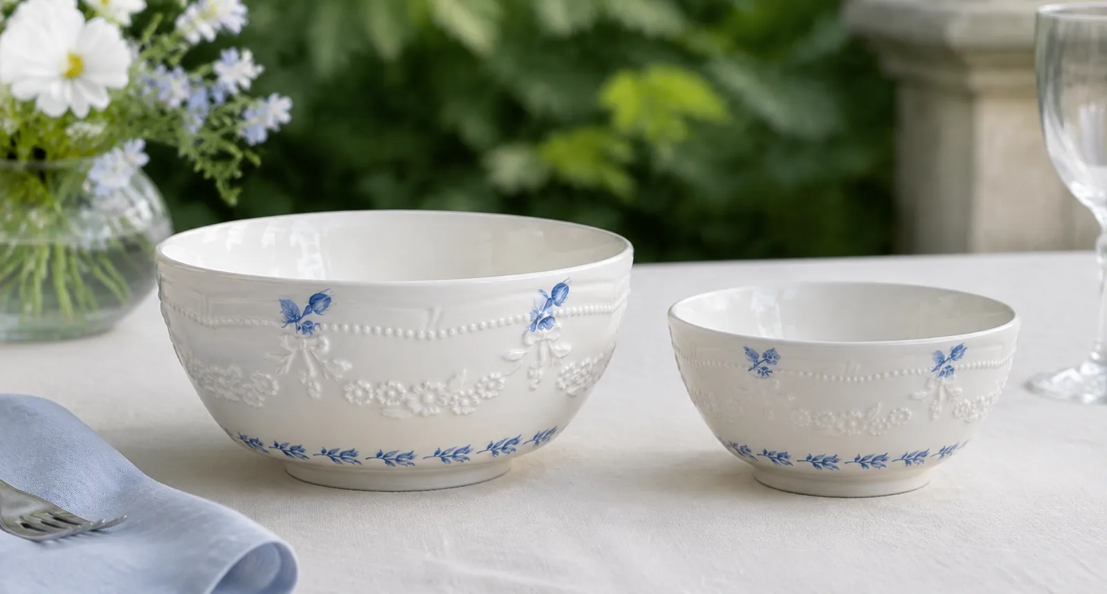 Side-by-side Willow Lace bowls showing blue floral accents and white sculpted garlands