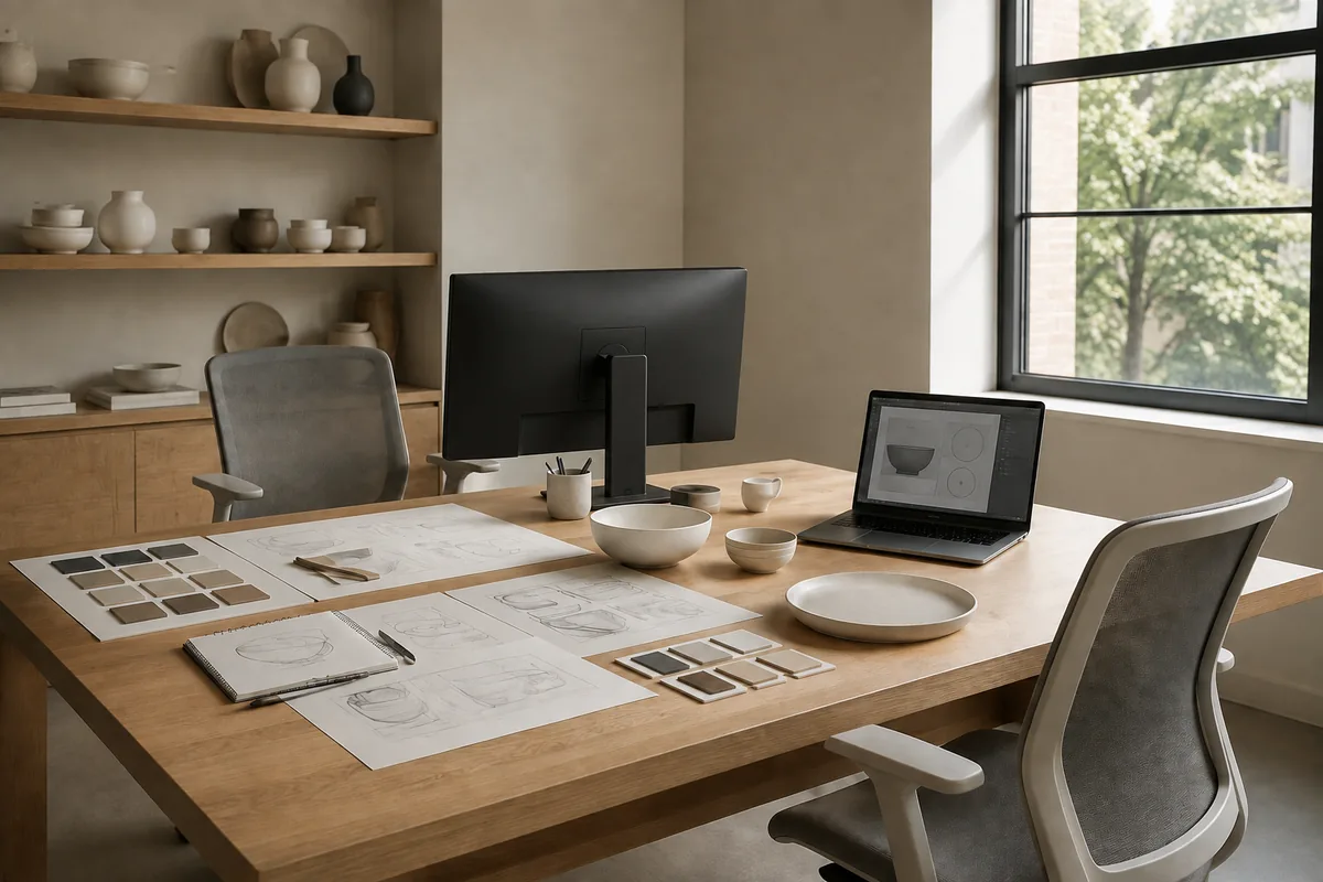 Ceramic development worktable with product references