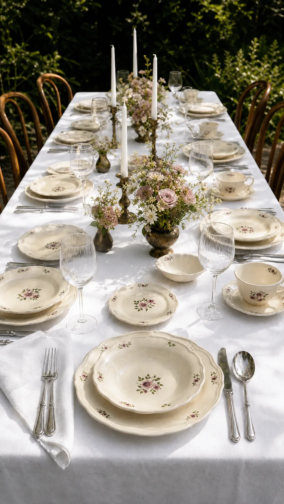 Rose Veil place settings arranged along a garden dining table