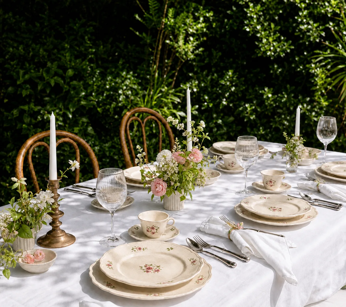 Rose Veil tableware arranged across a sunlit garden table