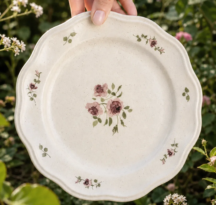 Rose Veil plate showing scalloped rim and vintage rose decoration