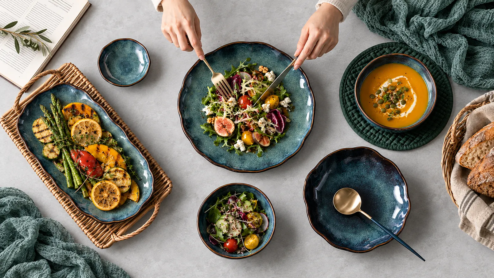 Ember Rim plates and serving forms in an overhead shared meal