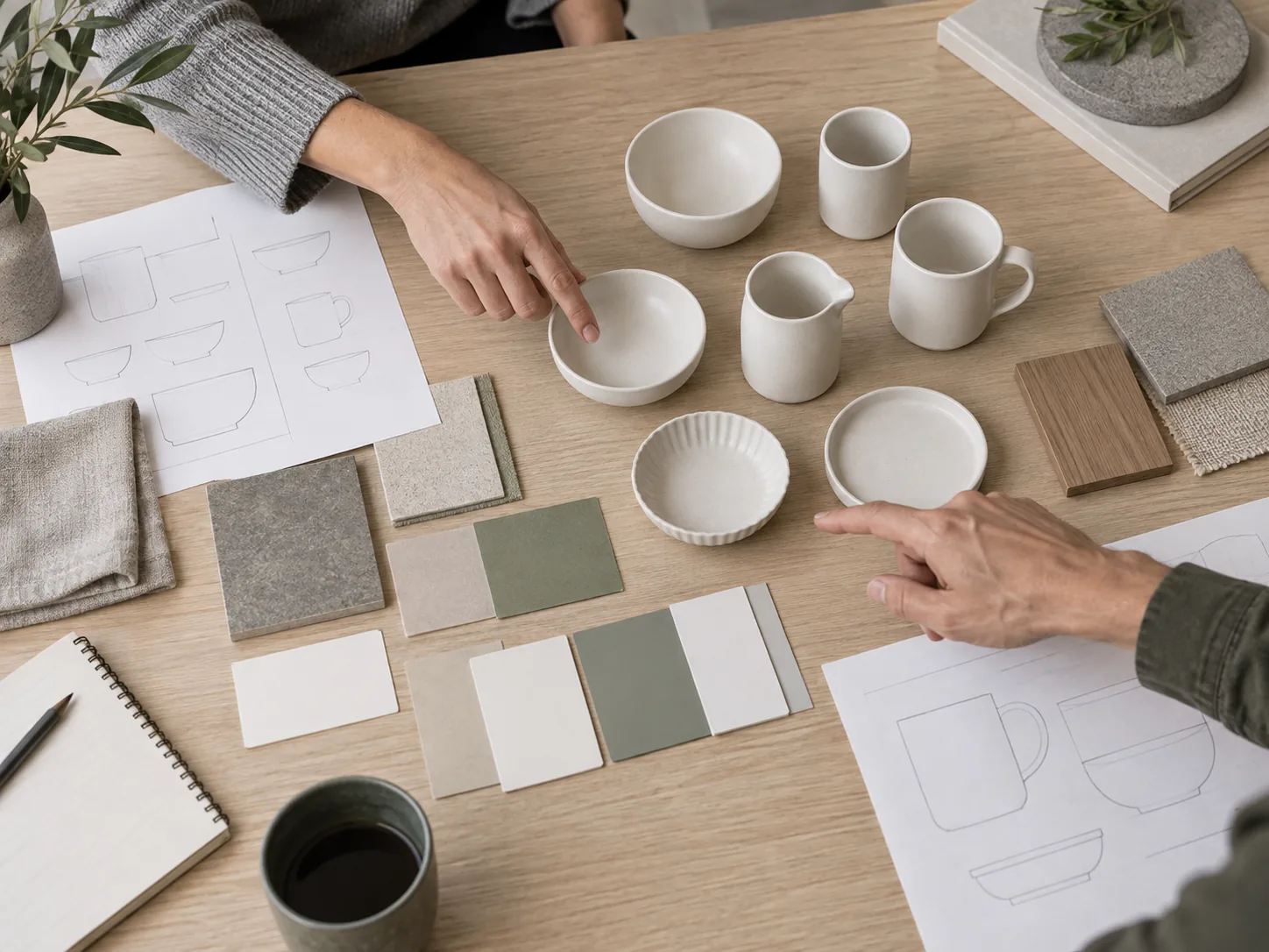 Ceramic tableware, sketches and material samples on a planning table