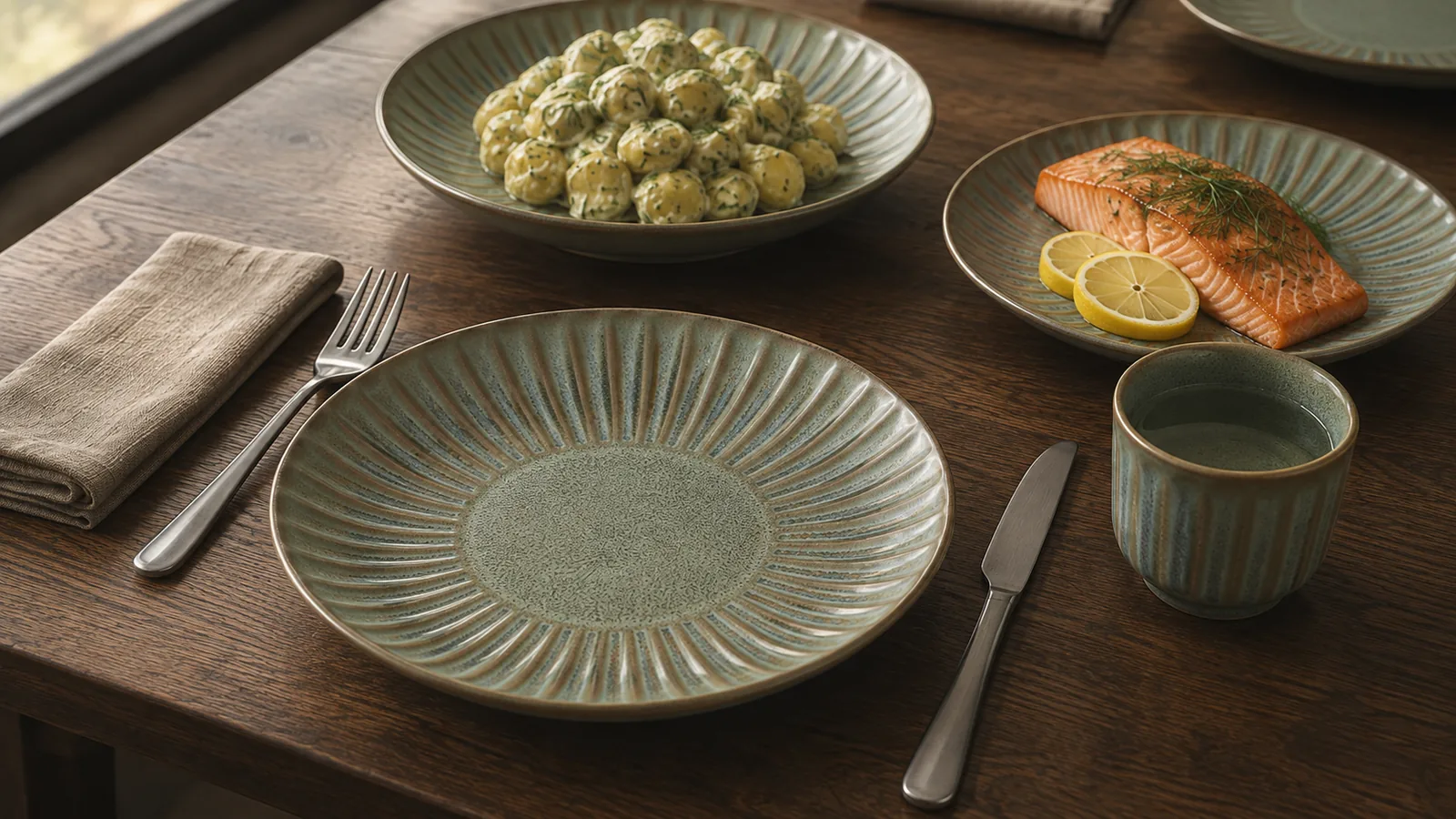 Close dining view of Moss Ripple plates, bowl and cup on a timber table