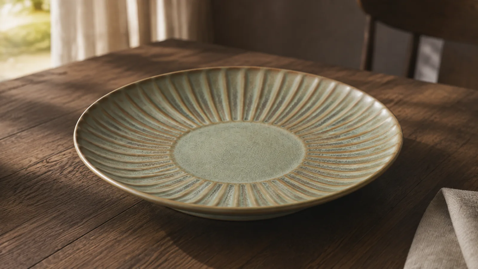 Moss Ripple radiating plate relief and softly fluted forms in a dining setting