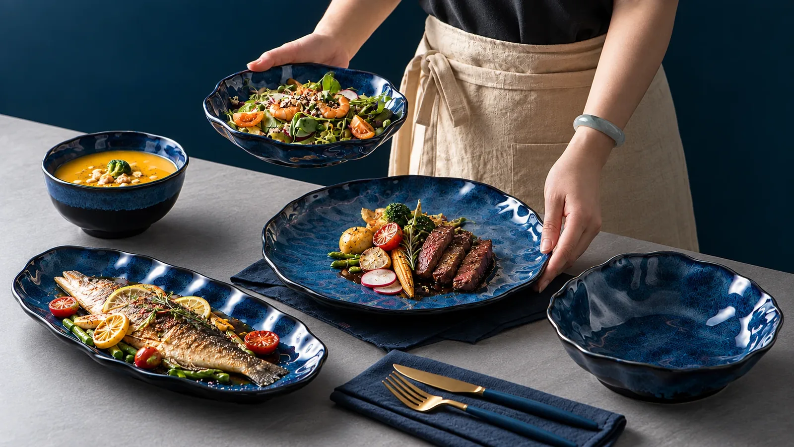 Deep Crest dishes centred in a serving scene