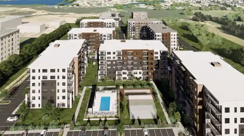 Vue aérienne de l'ensemble résidentiel de la Cité de Lorraine, rendu 3D