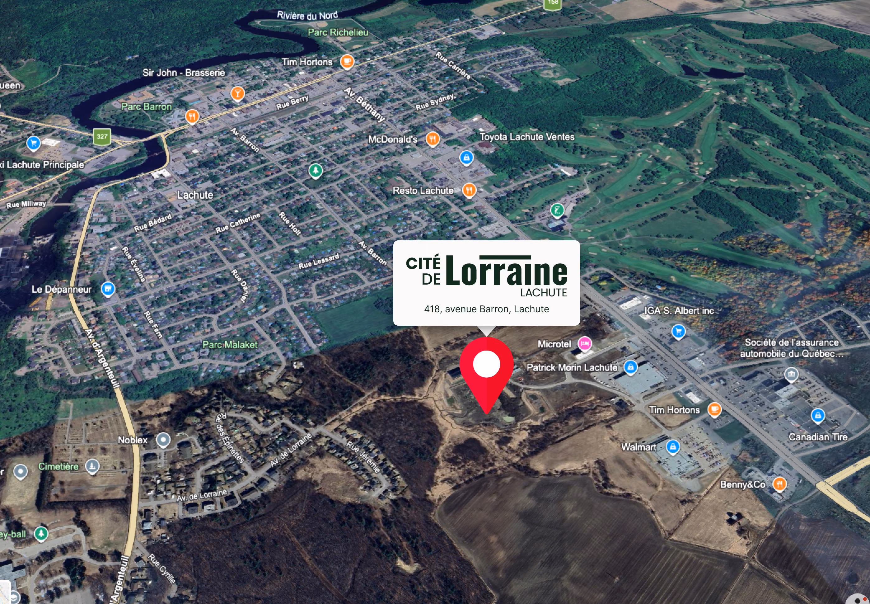 Carte de localisation de la Cité de Lorraine au 418, avenue Barron à Lachute, près des commerces et de l'autoroute 50