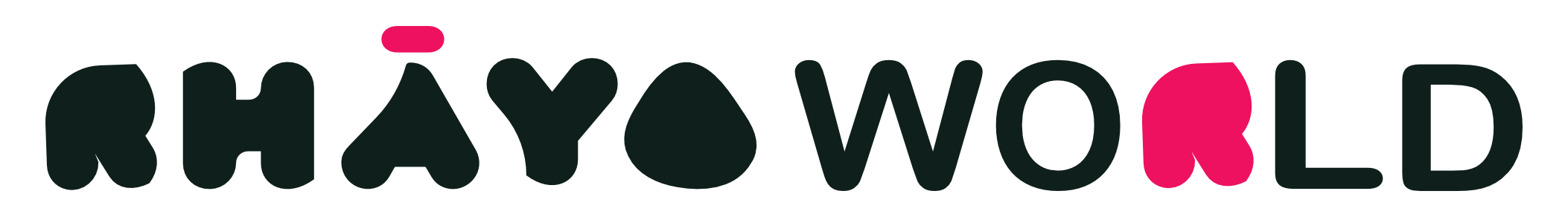 Text logo of Rhayo World with black and pink letters on a transparent background.