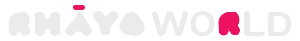 Stylized text reading RHÂYO WORLD with the letter Â and R in dark pink and the rest in light gray on a transparent background.