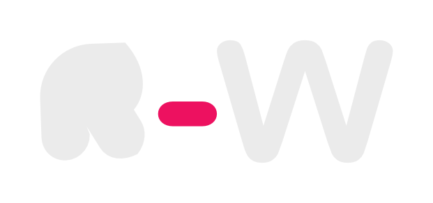 White stylized letter R followed by a red dash and a large white letter W on a gray background.