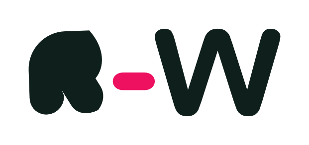 Black stylized 'R' and 'W' letters with a pink dash between them on a gray background.