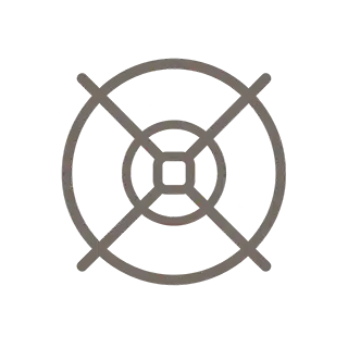 Abstract black symbol with a central quincunx pattern inside a segmented circular frame.