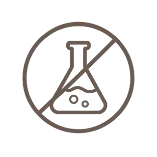 Symbol of a flask inside a circle with a diagonal line crossing it, indicating no chemicals.