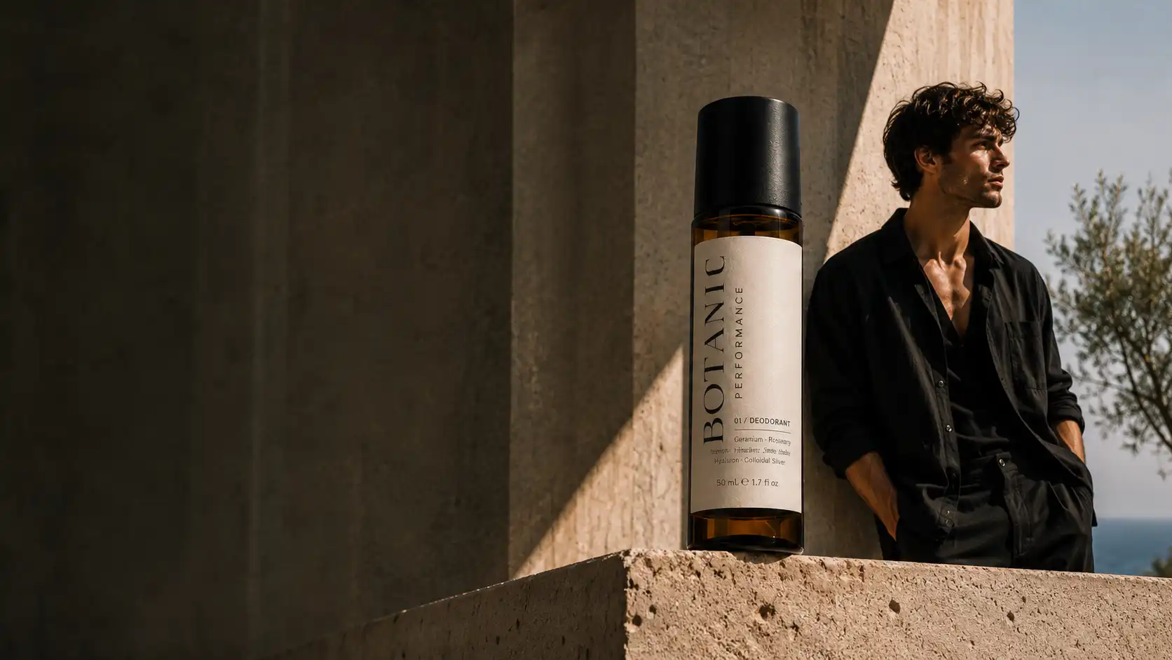 Botanic Performance 01 / Deodorant on a travertine ledge in late afternoon light