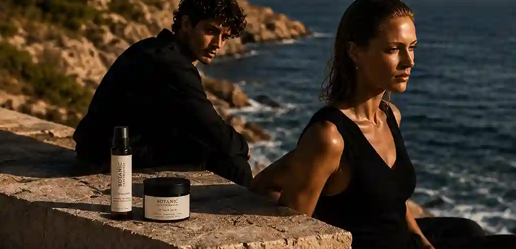 Two figures on a stone ledge above the sea
