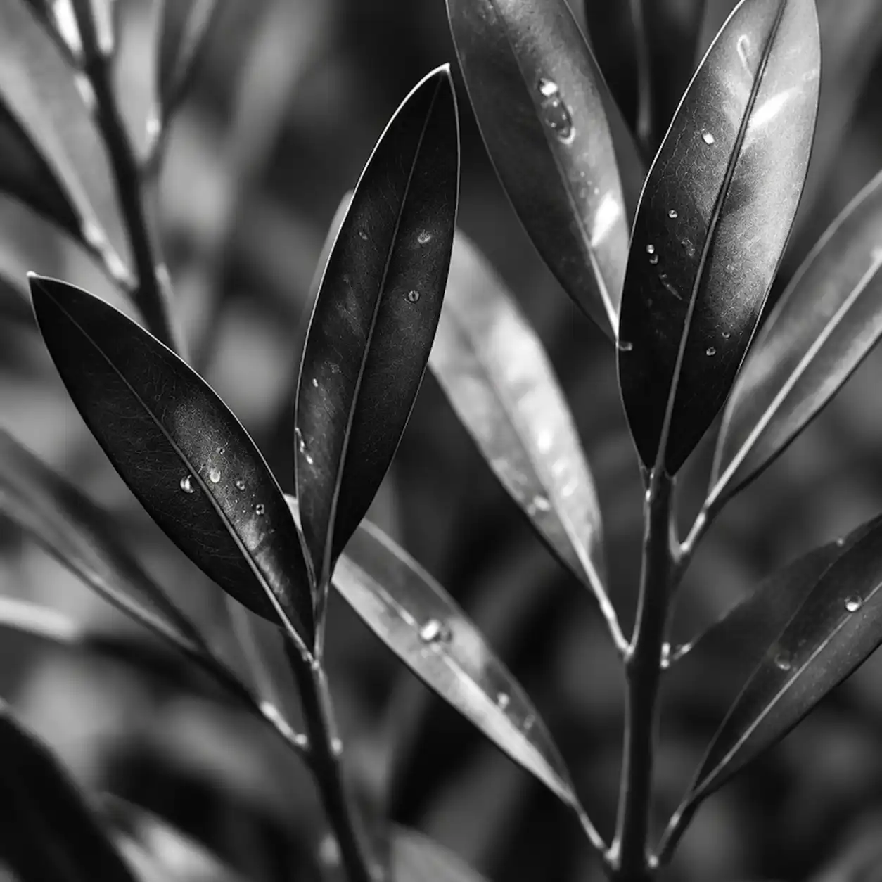 Macro study of olive leaves against near-black