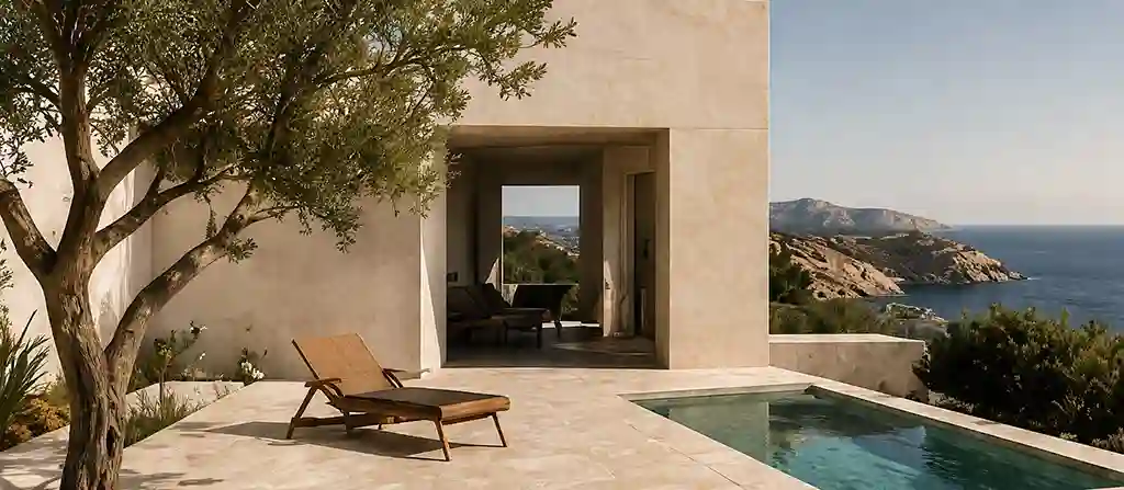 Modern Mediterranean residence with pool and olive tree